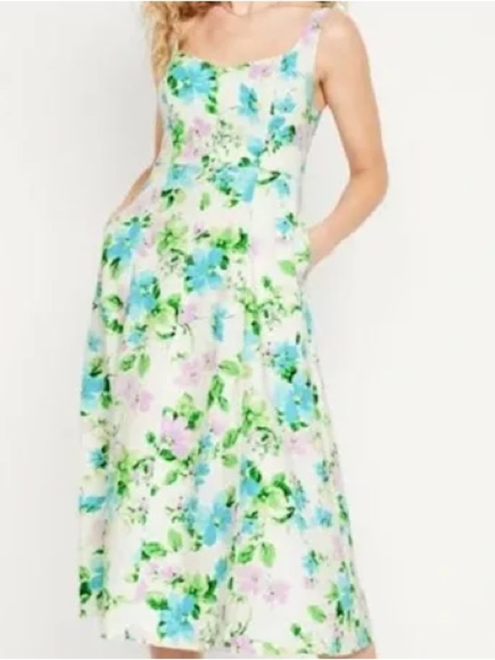 Old Navy Fit & Flare Linen-Blend Midi Dress white base with a green, blue, small